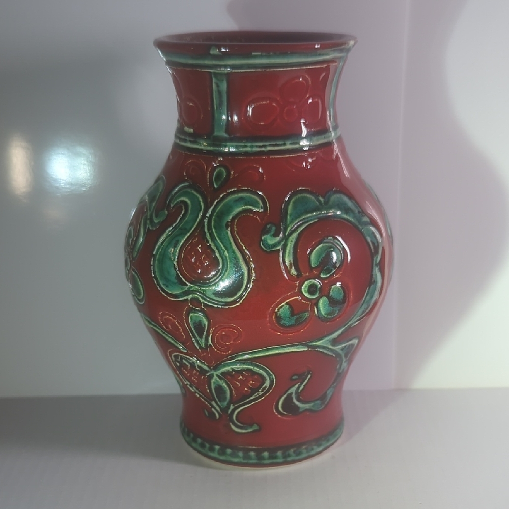 Vintage Gmundner Keramik Ceramic Red Floral Scroll Patterned Vase